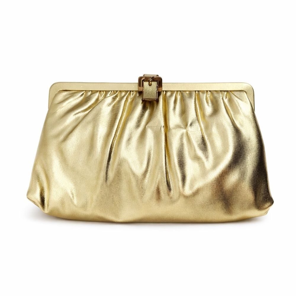 Vintage Unbranded Gold Metallic Shiny Clutch Bag Evening Formal Buckle Satin